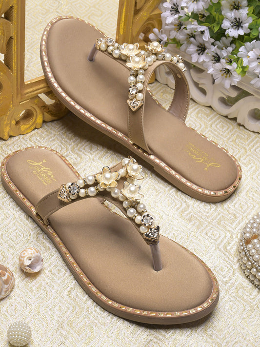 JM LOOKS Pearl Floral Studded Thong Flat Sandals Slip On Slides