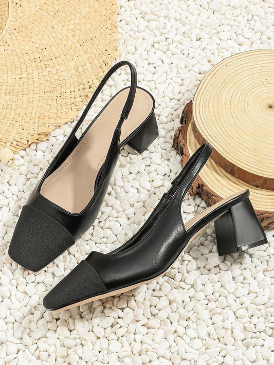 slingback square toe pumps with a textured front and a block heel
 Black