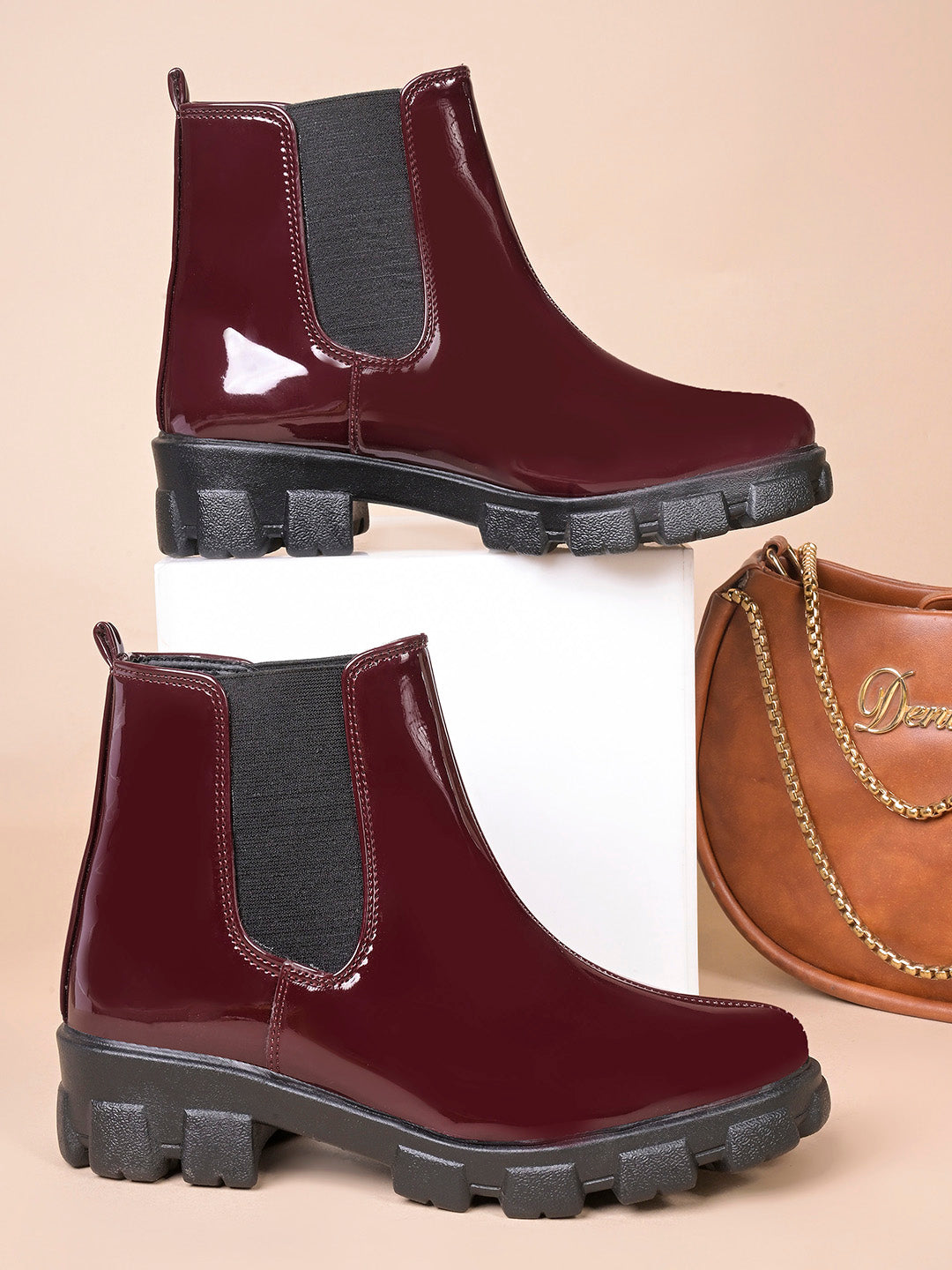 Glossy Finish Lug Sole Chelsea Boots for Women