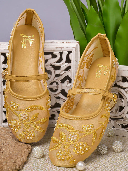 Embroidered Floral Mesh Flat Jutti Shoes for Women
