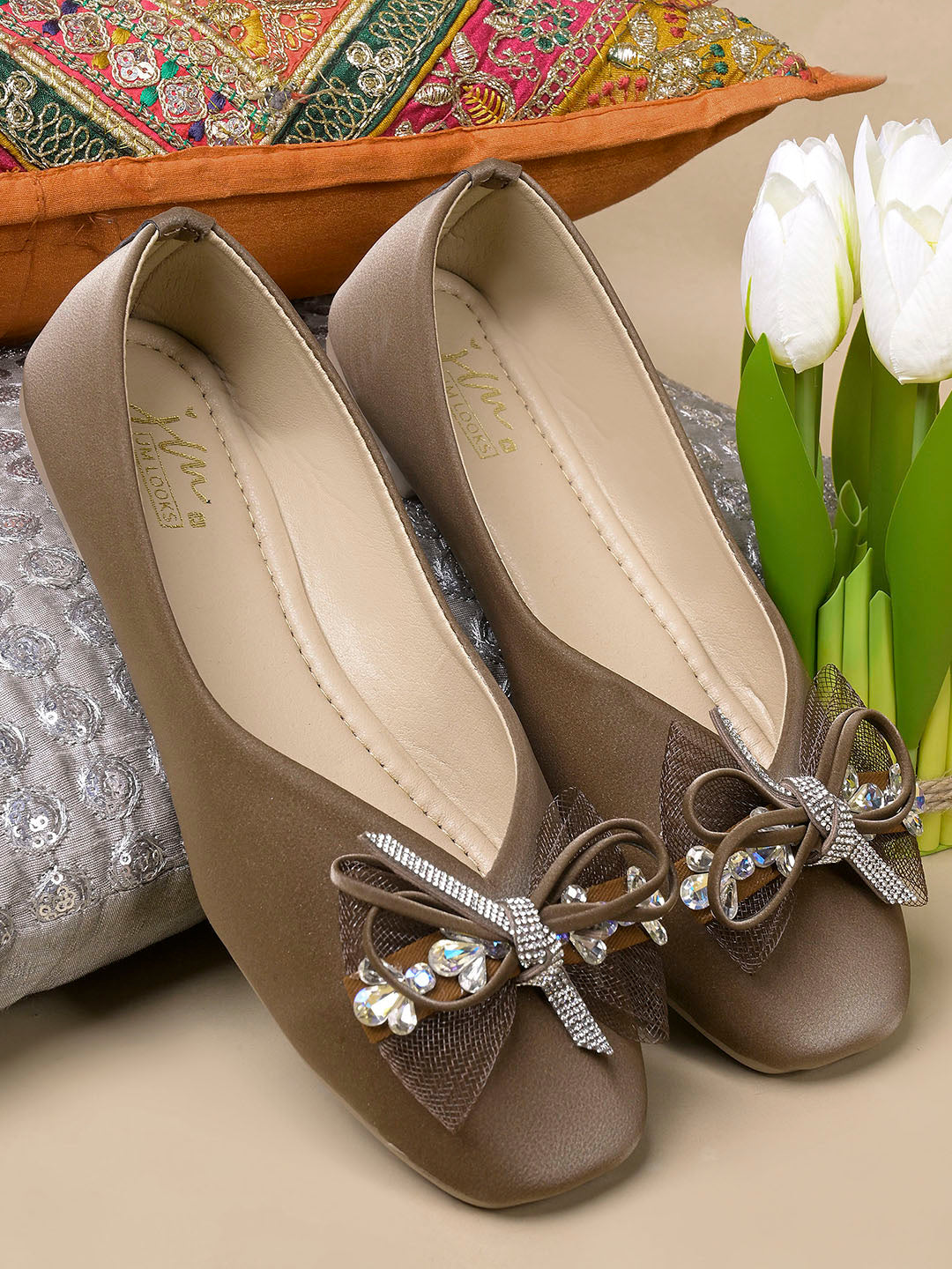 JM LOOKS Pointed Toe Mesh Bow Flat Sandals with Crystal Trim Accent