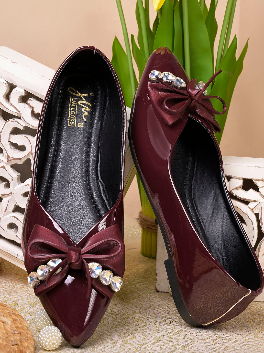 JM LOOKS Pointed Toe Bow Flat Sandals with Crystal Embellishments