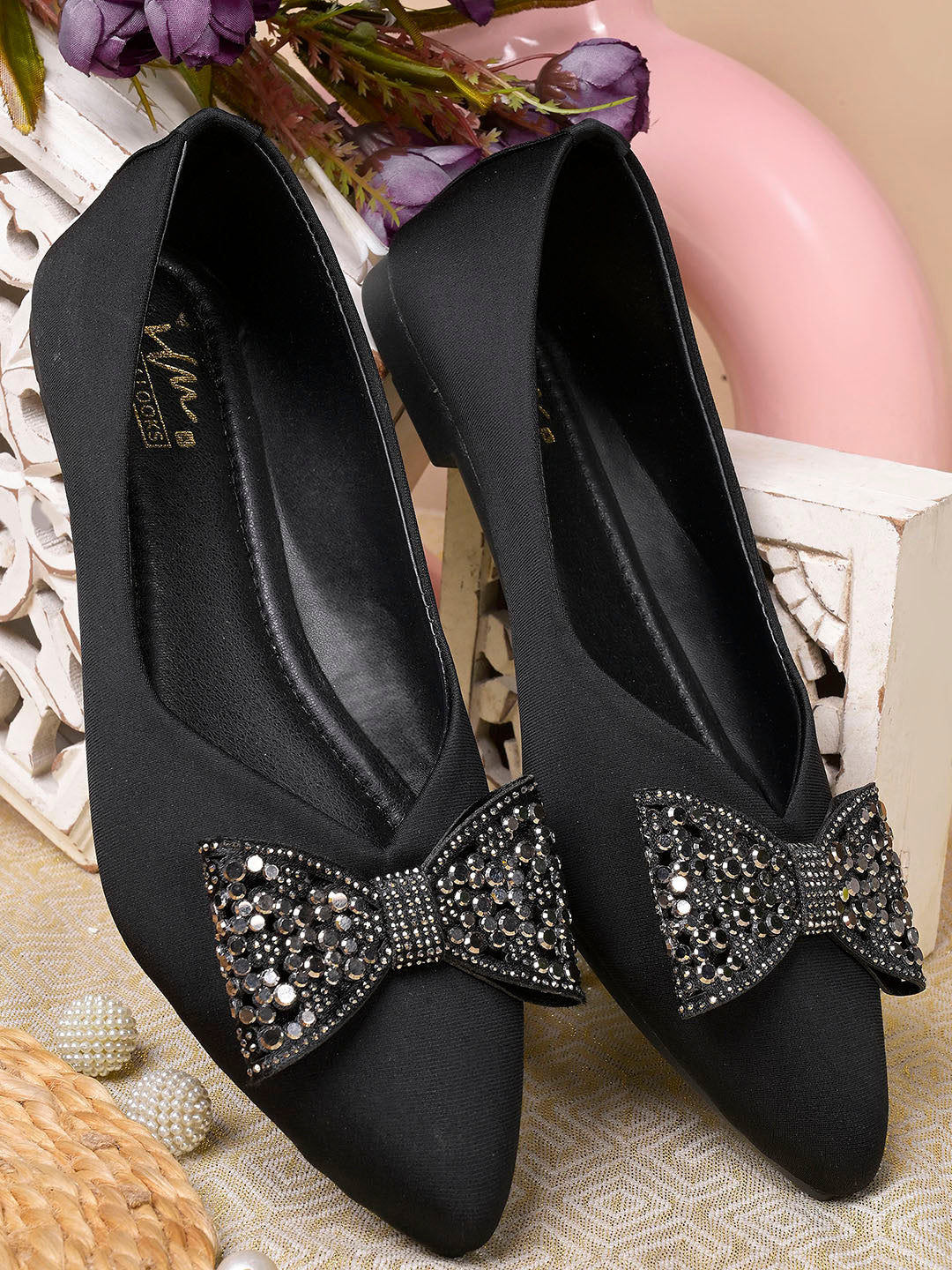 JM LOOKS Pointed Toe Bow Flat Sandals with Crystal Embellishments