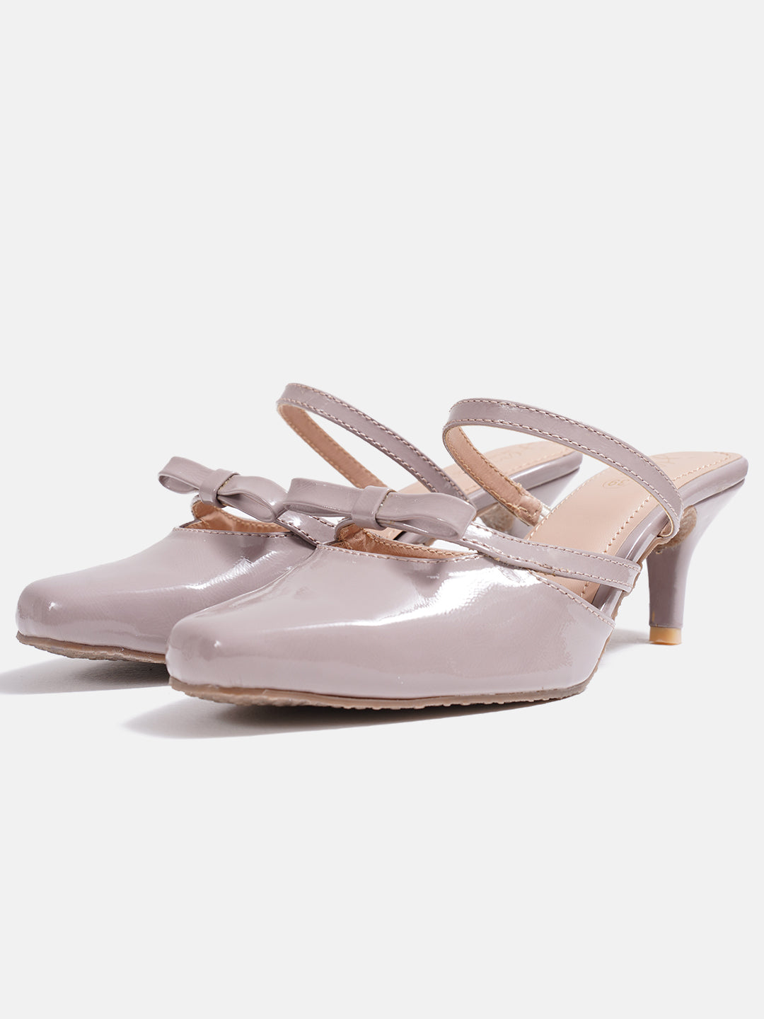 bow-detail kitten heel mules with double straps and a pointed toe
 Khaki