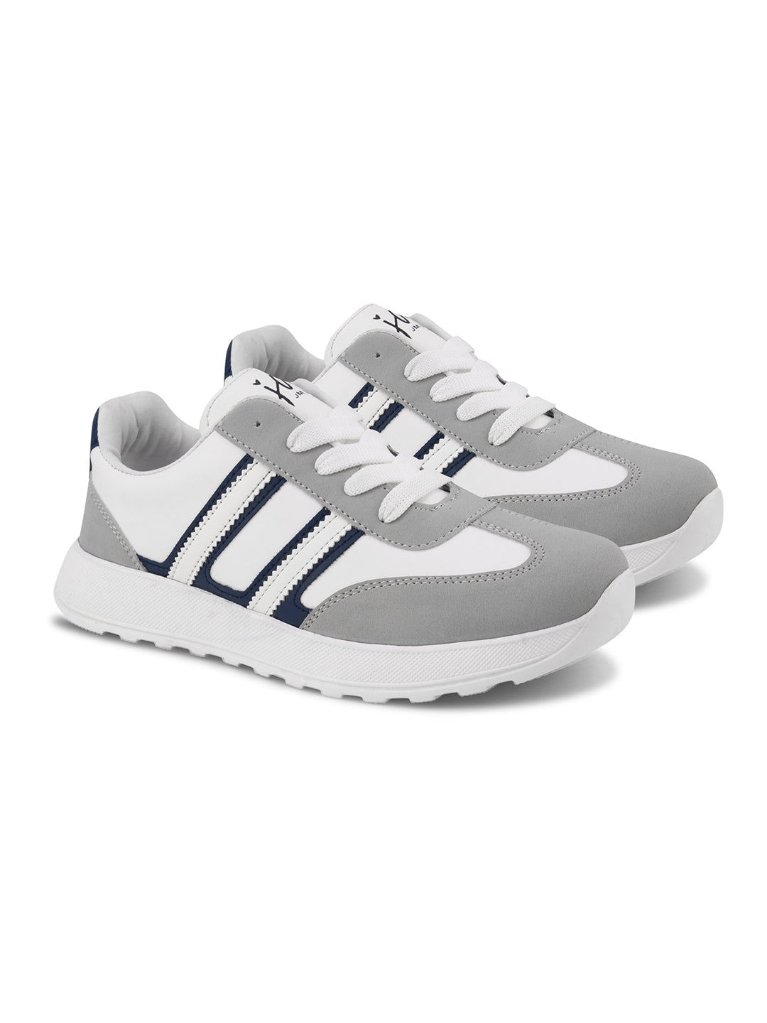 Women's lace-up casual sneakers in grey white with blue stripe detailing on cushioned white platform sole