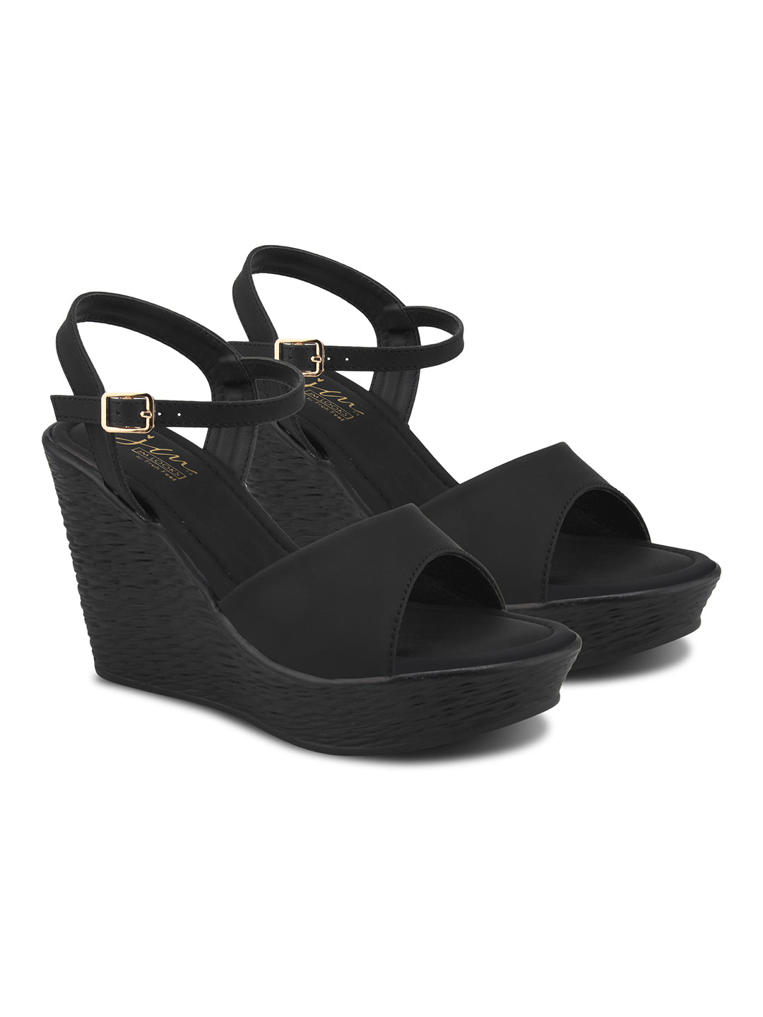 Black peep-toe wedge heels with ankle buckle strap