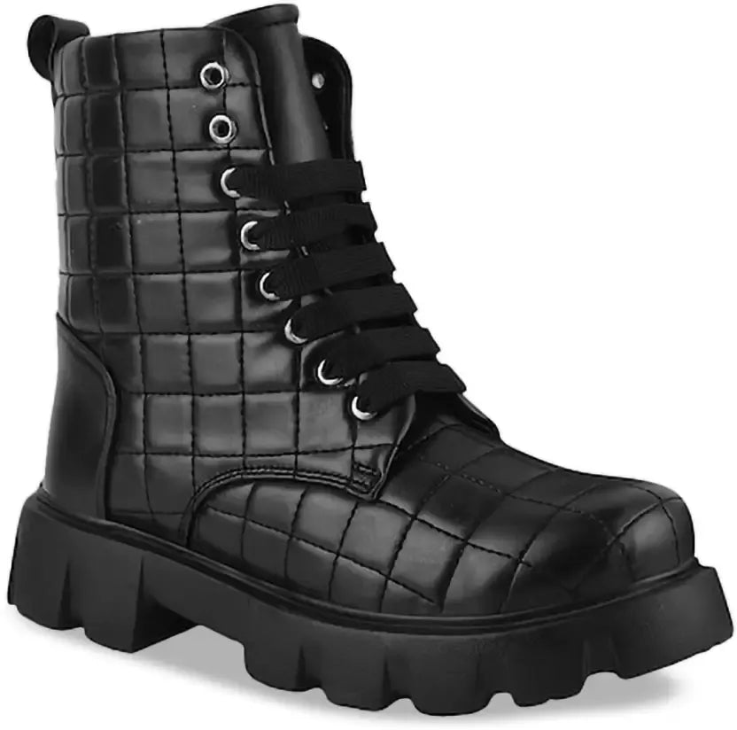 women's combat boots featuring a quilted upper texture and a thick lug sole
 Black