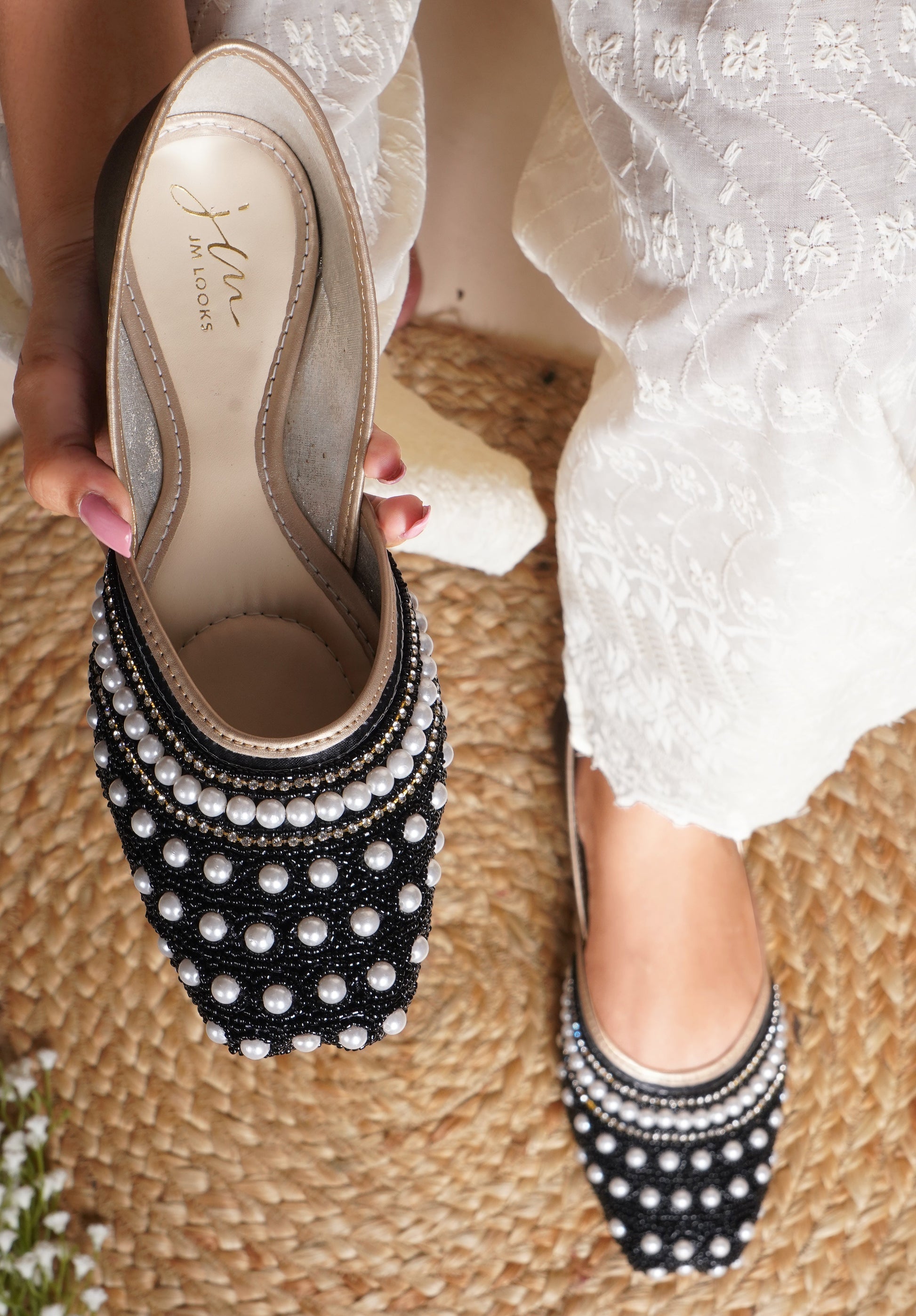 Ethnic Embellished Square Toe Mojaris for Women and Girls at JM LOOKS Black