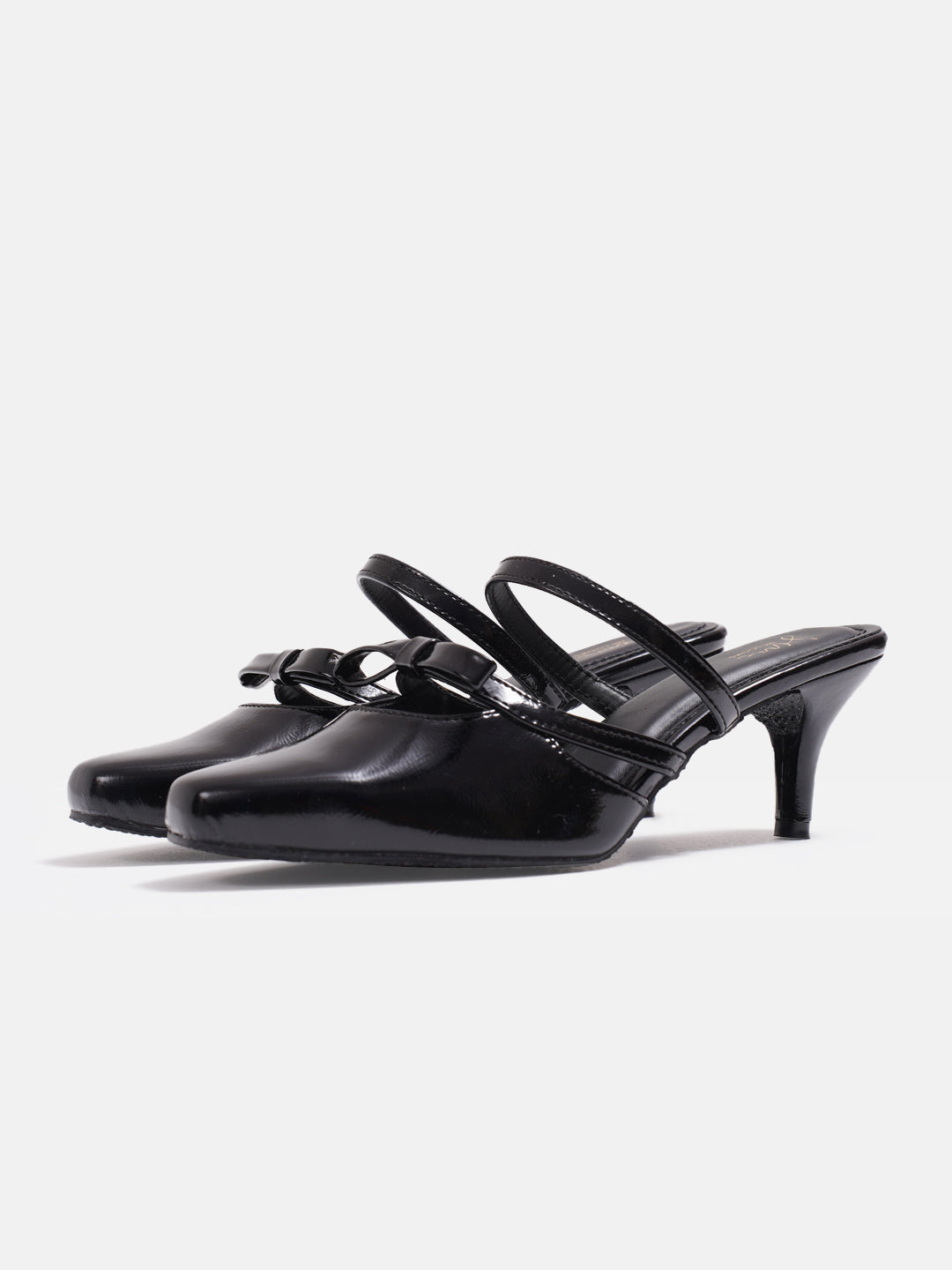 bow-detail kitten heel mules with double straps and a pointed toe
 Black
