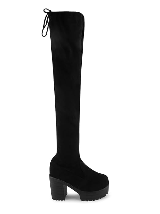 Black knee high boots featuring chunky block heel, lugged platform sole and adjustable drawstring tie top