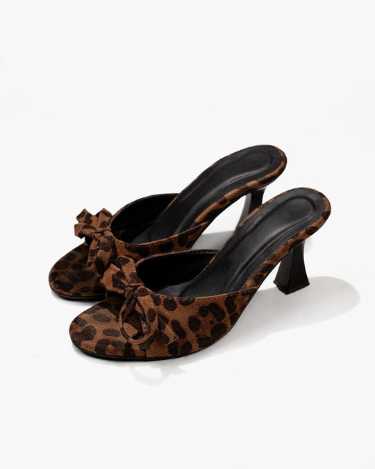 Leopard print mule heels for women with bow detail, open toe and flared spool heel Brown
