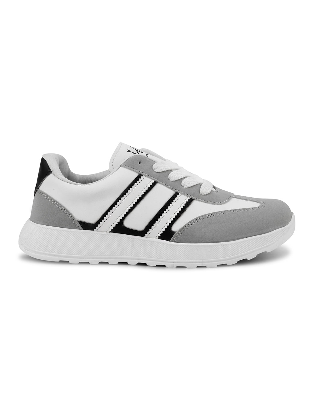 Women's lace-up casual sneakers in grey white with black stripe detailing on cushioned white platform sole