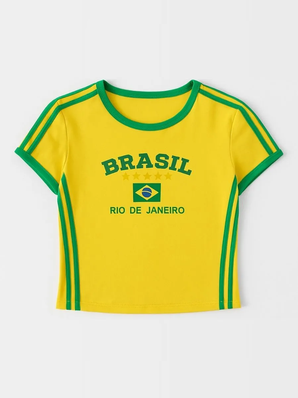 Brazil graphic V-neck crop top for women in yellow and green with flag print and contrast trim