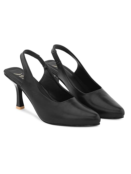 Slingback Heels for Women featuring pointed toe design, elastic back strap, kitten heel, comfortable everyday wear black