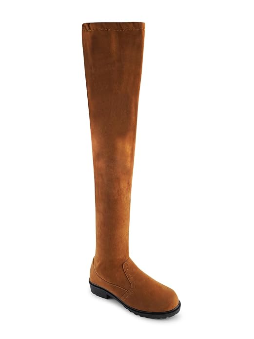 Tan suede over-the-knee boots featuring chunky lug sole, low block heel, round toe, stretchy slim fit