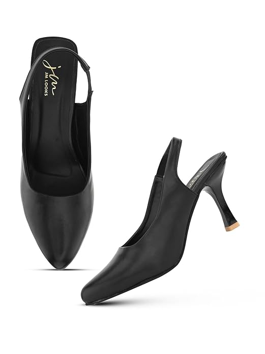 Slingback Heels for Women featuring pointed toe design, elastic back strap, kitten heel, comfortable everyday wear black