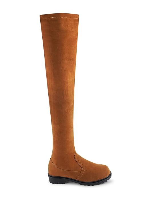 Tan suede over-the-knee boots featuring chunky lug sole, low block heel, round toe, stretchy slim fit