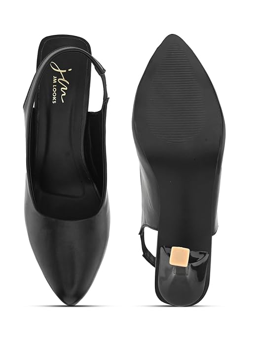 Slingback Heels for Women featuring pointed toe design, elastic back strap, kitten heel, comfortable everyday wear black