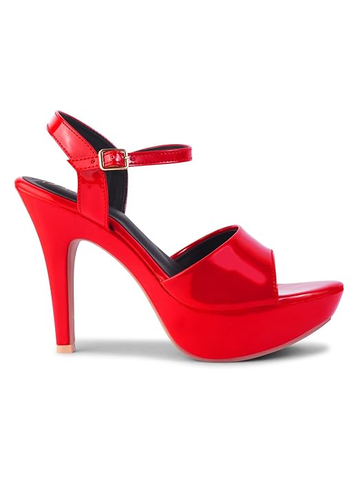 Women and Girls' Open-Toe Cone Heeled Sandals with Buckle Red