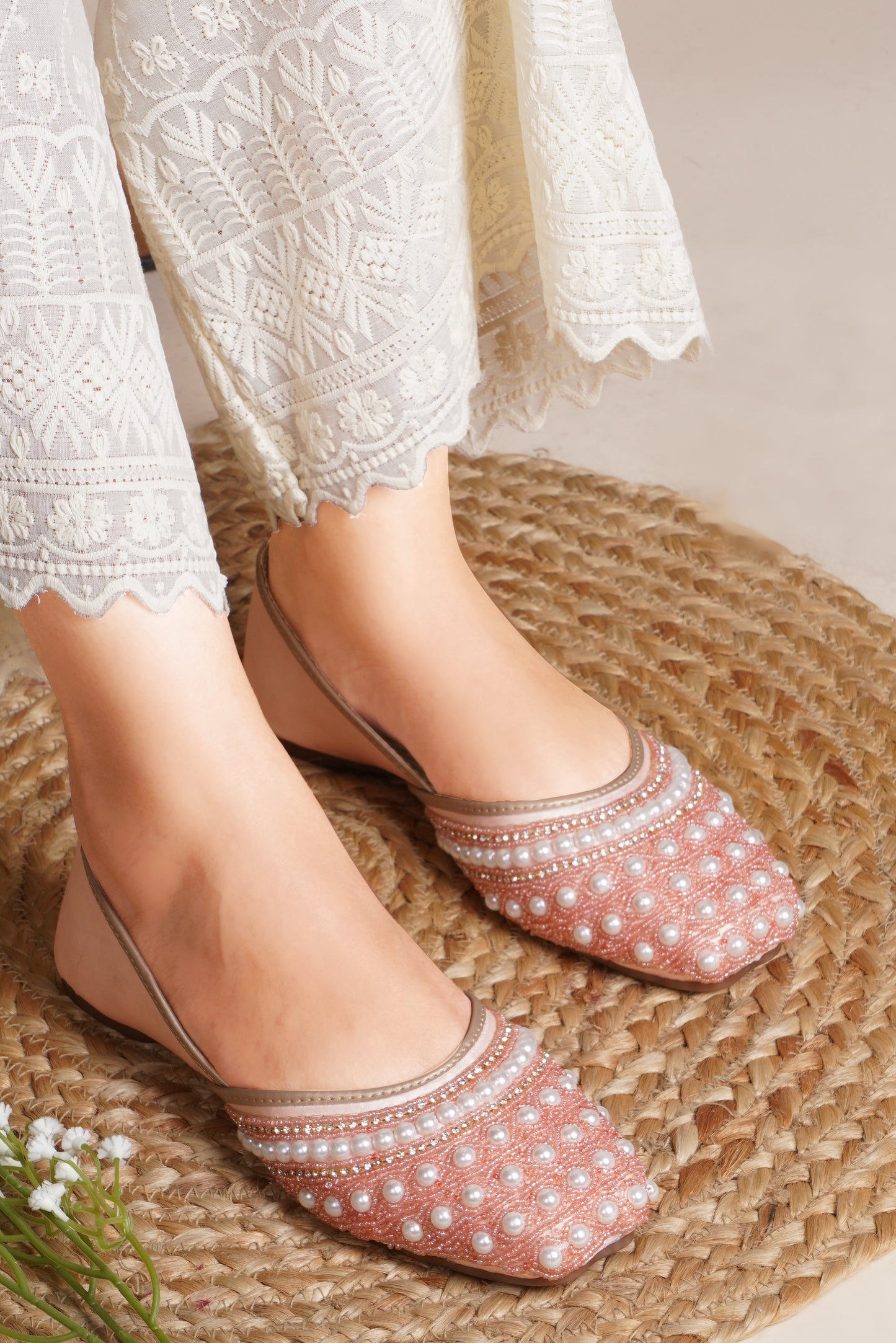 Ethnic Embellished Square Toe Mojaris for Women and Girls at JM LOOKS Peach