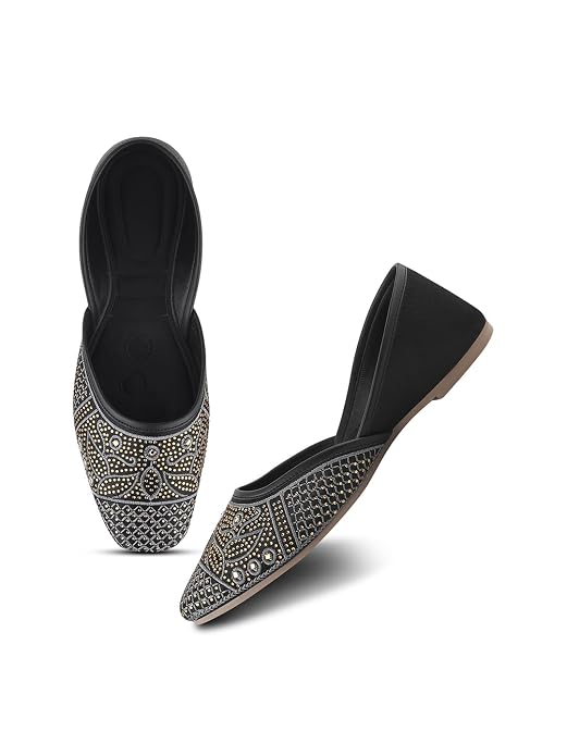 JM Looks women's juttis with intricate embellishments and a traditional design
 Black