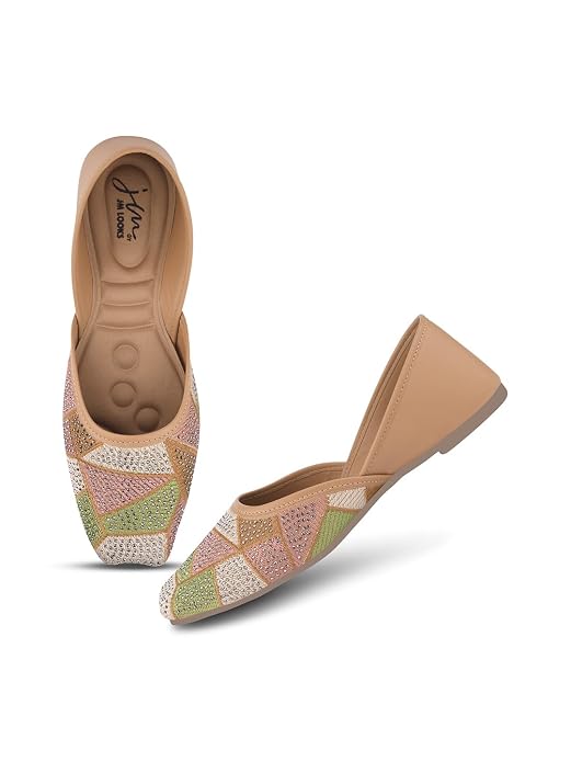 Women embellished Vibrant Multicolor geometric pattern with sparkling Beaded Mojaries Ethnic Juttis Beige