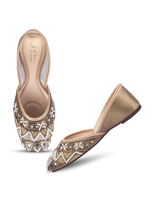 Women green rounded toe embellished traditional juttis with geometric patterns and beadwork 