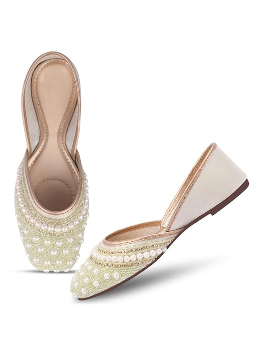 Ethnic Embellished Square Toe Mojaris for Women and Girls at JM LOOKS Light Green