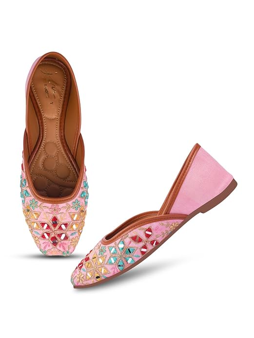 Embroidered Square-Toe Flats jutti Handmade Thread Designs for Women Peach