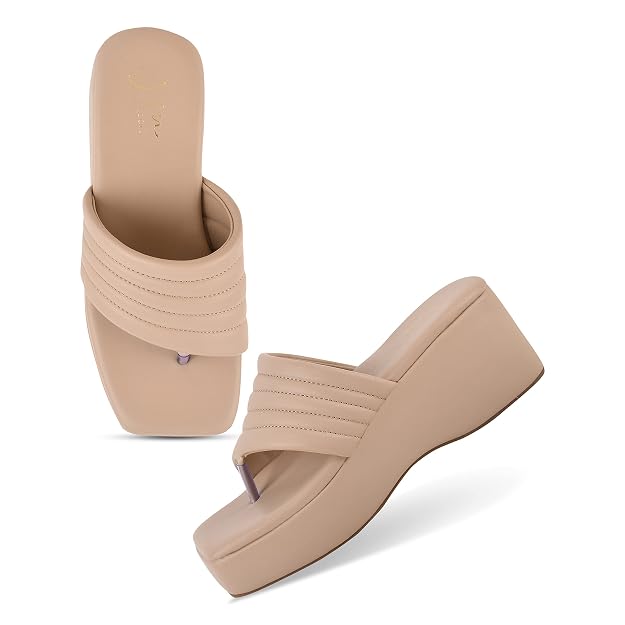 Stitched Strap Platform Heels Sandals for Women and Girls at JM LOOKS Cream
