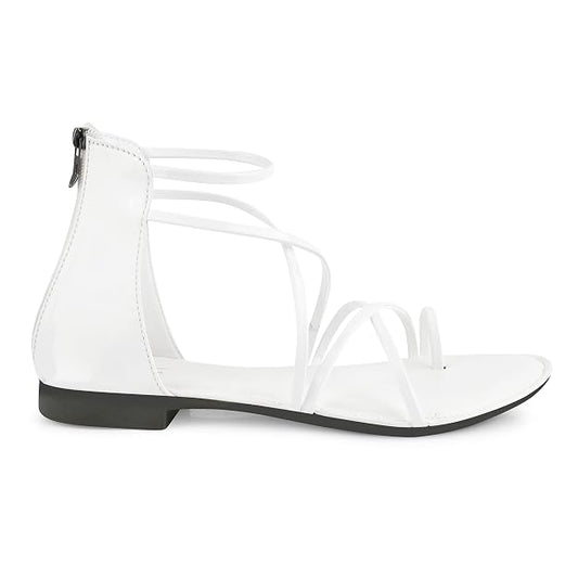 Strappy flat sandals for women in glossy white featuring criss-cross toe-ring straps, back zip, and gladiator-style ankle design.