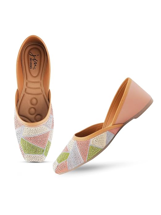 Women embellished Vibrant Multicolor geometric pattern with sparkling Beaded Mojaries Ethnic Juttis Peach