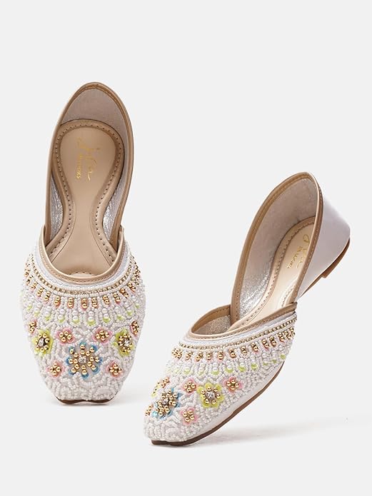 traditional floral embroidered juttis beadwork White