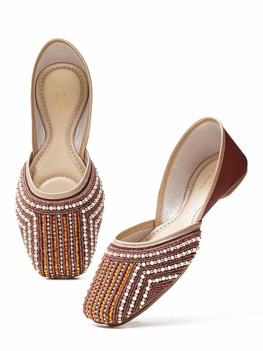 Women Copper Embellished Flat Jutti with Pearl and Crystal, striped beadwork covering 