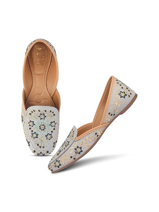 Grey embroidered juttis with intricate threadwork — women's traditional mojari flats