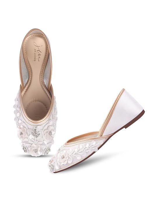 exquisitely embellished juttis with floral and beadwork detailing White