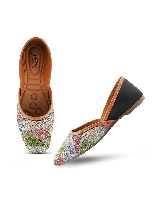 Women embellished Vibrant Multicolor geometric pattern with sparkling Beaded Mojaries Ethnic Juttis Black