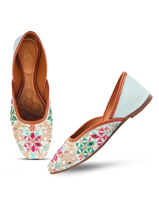 Embroidered Square-Toe Flats jutti Handmade Thread Designs for Women Sea Green