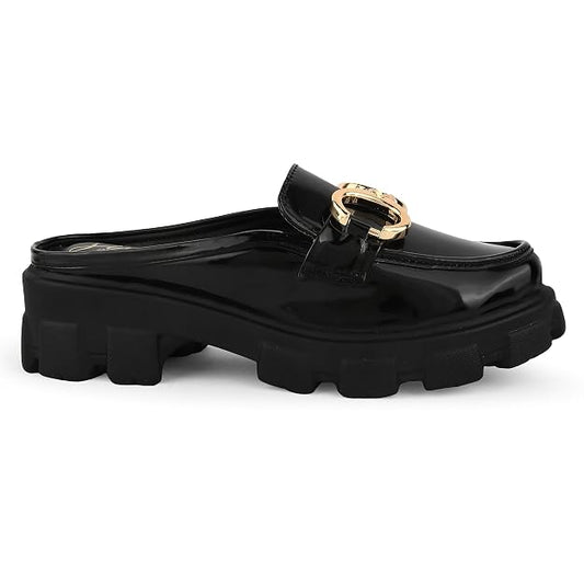 patent half-loafer platform mules with gold buckle detail Black