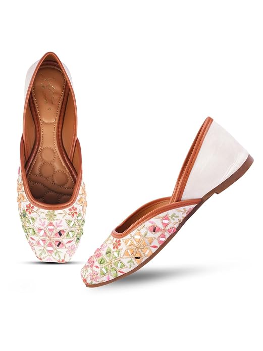 Embroidered Square-Toe Flats jutti Handmade Thread Designs for Women White
