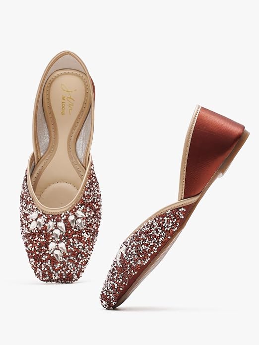 Women’s traditional Punjabi jutti with sequins and stone floral embellishment
Copper