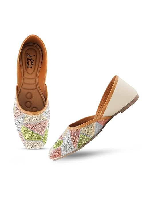 Women embellished Vibrant Multicolor geometric pattern with sparkling Beaded Mojaries Ethnic Juttis Cream