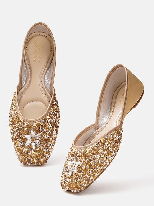 traditional Embellished Slip-On glitter jutti for women floral motif Golden