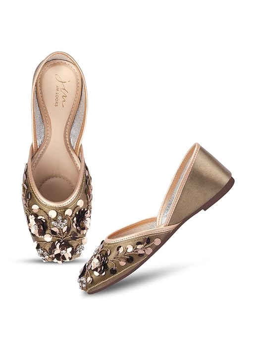 exquisitely embellished juttis with floral and beadwork detailing Copper