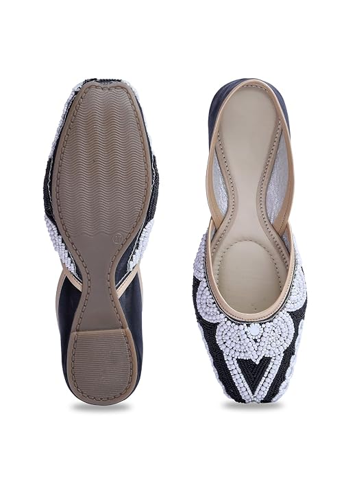 Women's Ethnic Embllished Handcrafted  Pearl & Mirror Work Beaded  Punjabi Jutti  Black