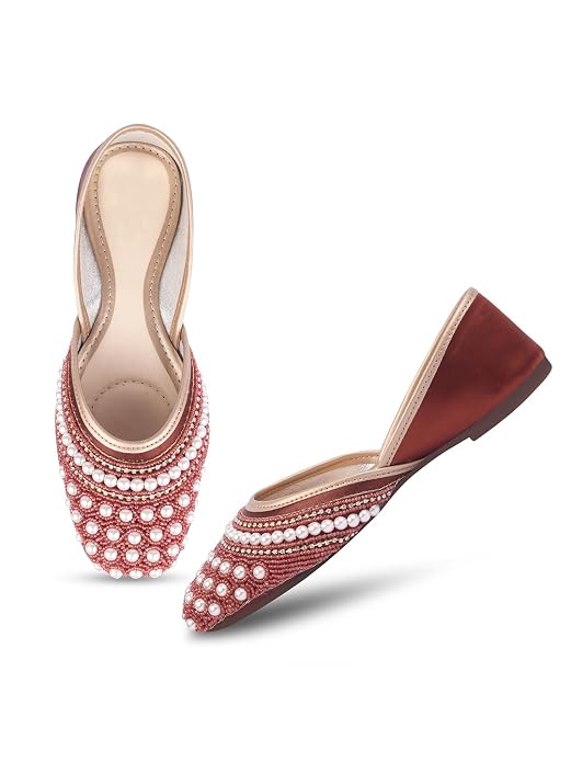 Ethnic Embellished Square Toe Mojaris for Women and Girls at JM LOOKS Maroon
