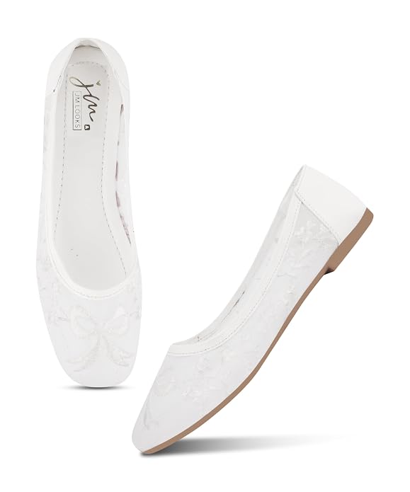 White lace ballerinas for women with floral net embroidery, cushioned insole, round toe, everyday casual wear.