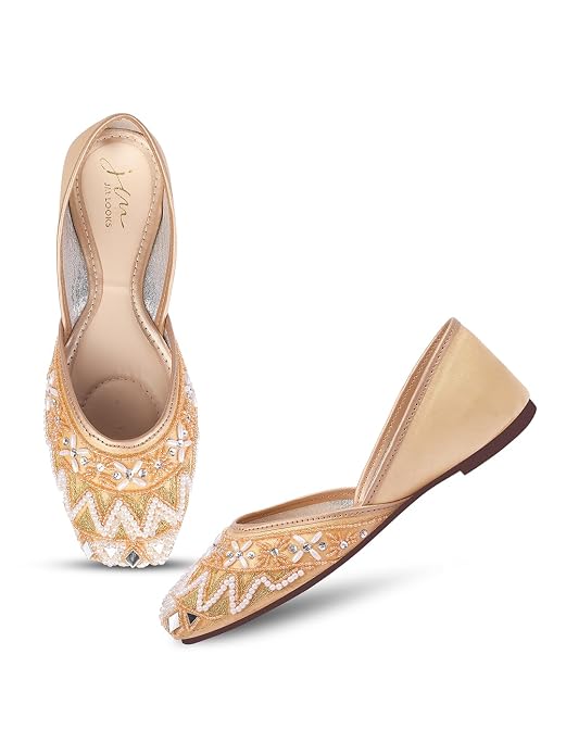 Women golden rounded toe embellished traditional juttis with geometric patterns and beadwork 