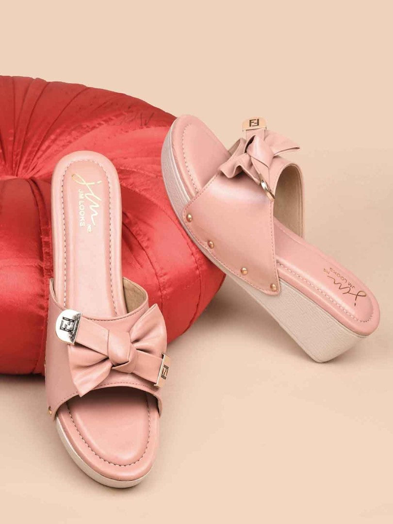 JM Looks women's platform wedges with a bow detail on the strap
 Peach
