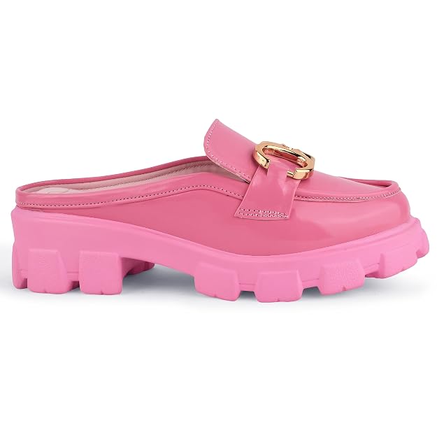 patent half-loafer platform mules with gold buckle detail Pink